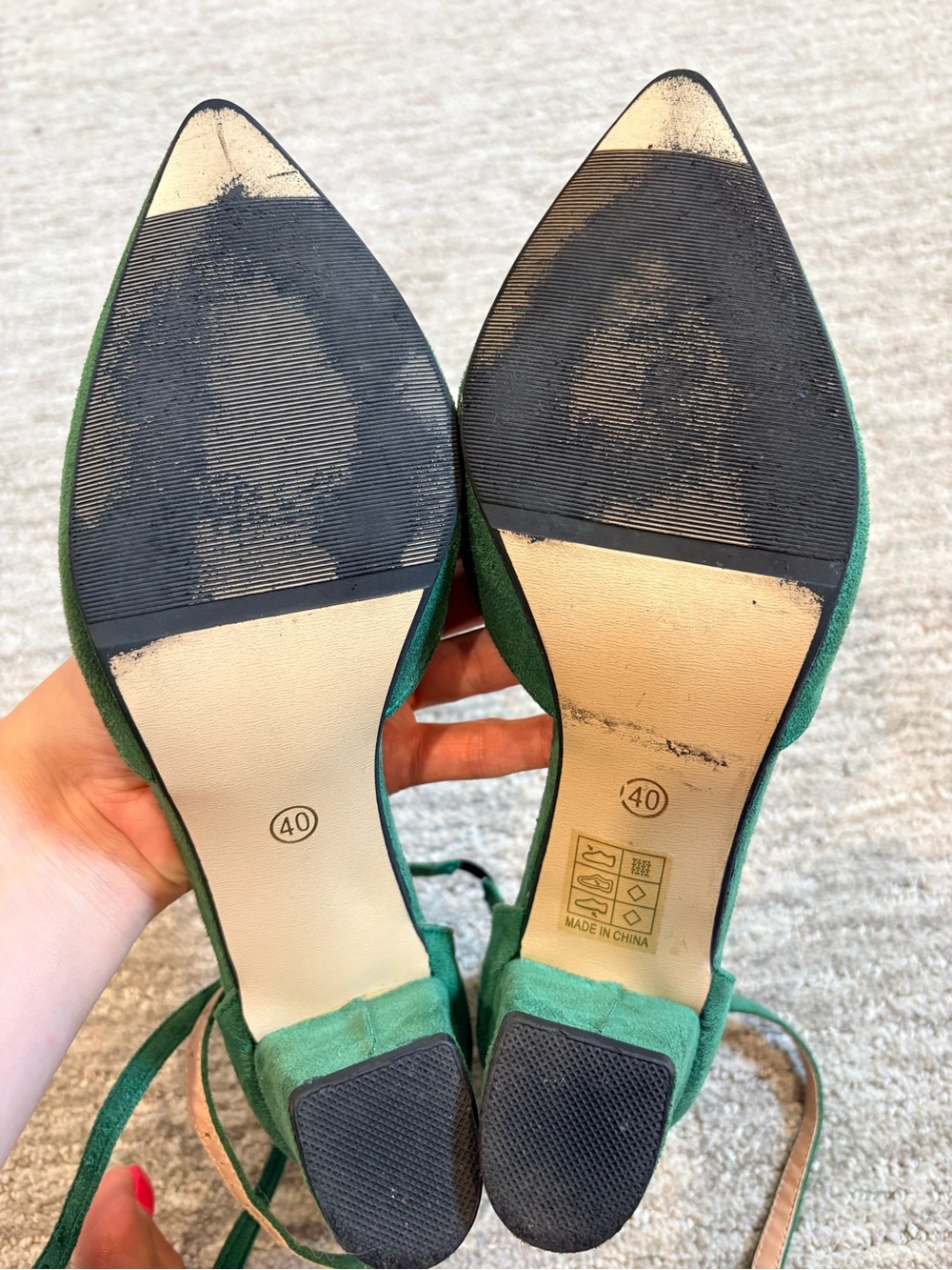 Emerald Green Suede Like Pointed Toe Ankle Strap Heels Size 40 - Picture 9 of 9